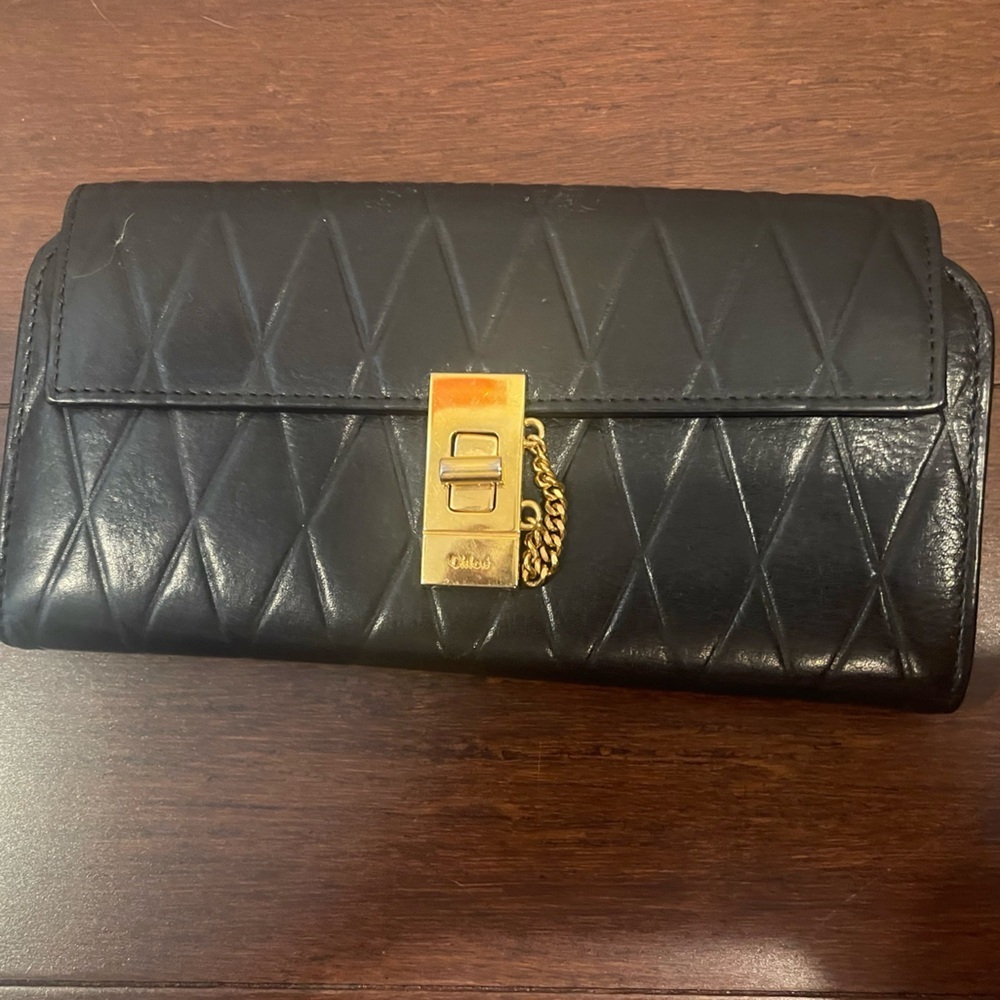 chloe Black Quilted Leather long Wallet gold turn lock hardware